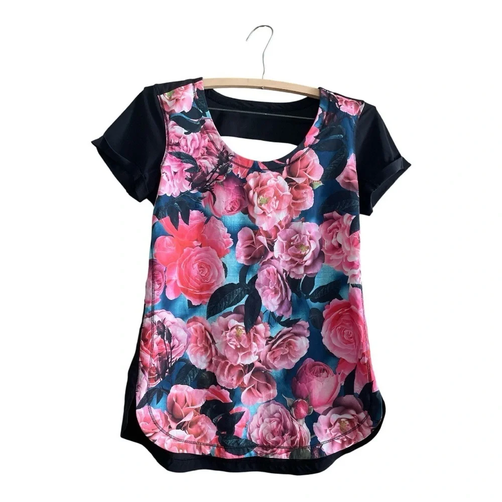 lululemon athletica Pink and Black Floral Short Sleeve Top